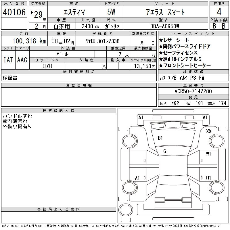 Аукционный лист TOYOTA ESTIMA 2017