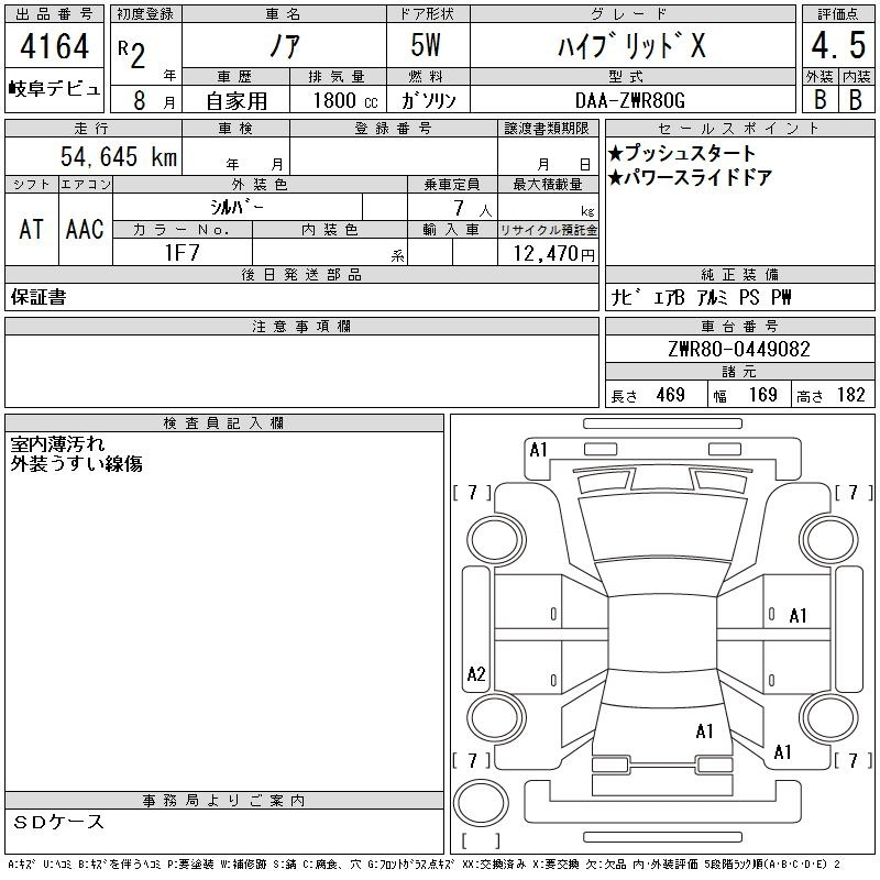 Аукционный лист TOYOTA NOAH 2020