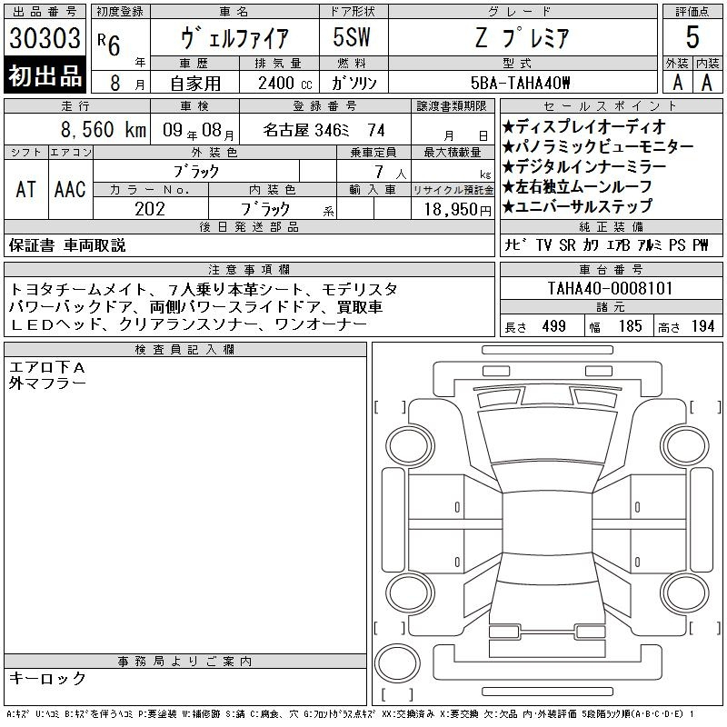 Аукционный лист TOYOTA VELLFIRE 2024