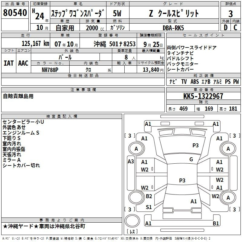 Аукционный лист HONDA STEP WAGON 2012