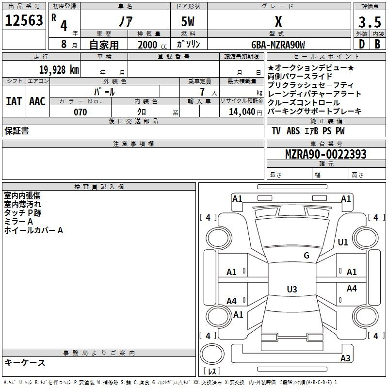 Аукционный лист TOYOTA NOAH 2022