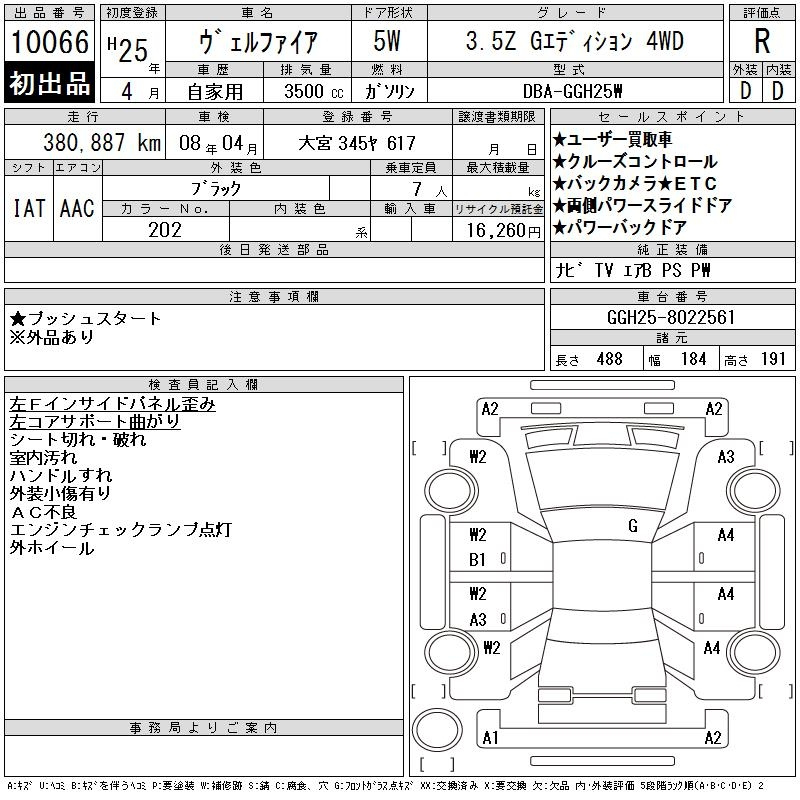 Аукционный лист TOYOTA VELLFIRE 2013