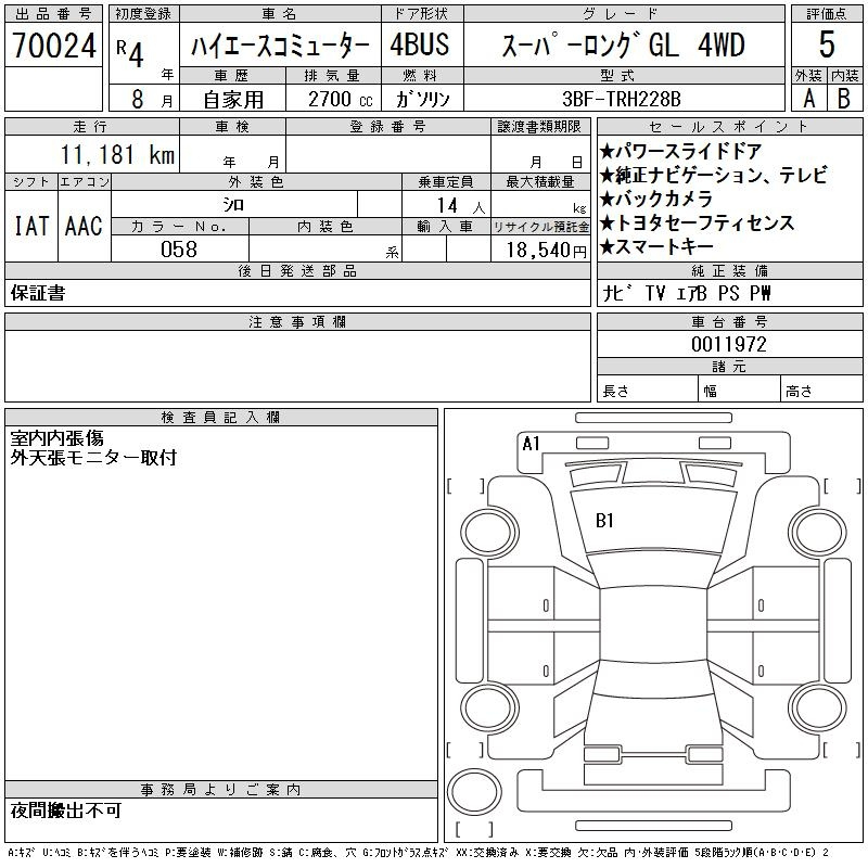 Аукционный лист TOYOTA HIACE 2022