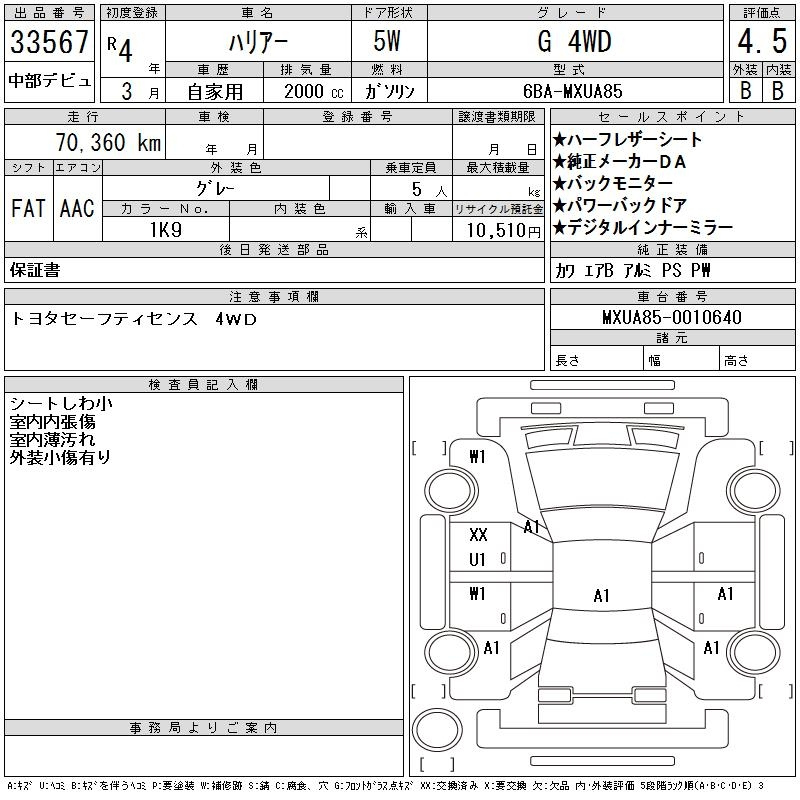 Аукционный лист TOYOTA HARRIER 2022