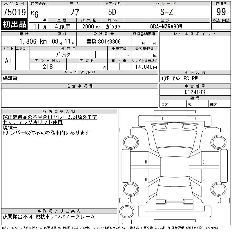 Аукционный лист TOYOTA NOAH 2024