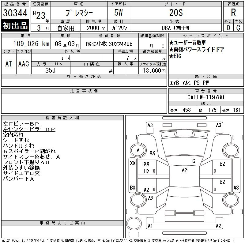 Аукционный лист MAZDA PREMACY 2011
