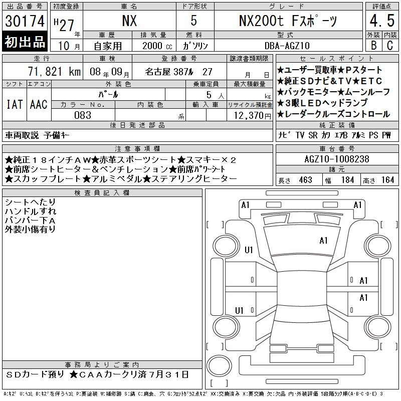 Аукционный лист LEXUS NX 2015