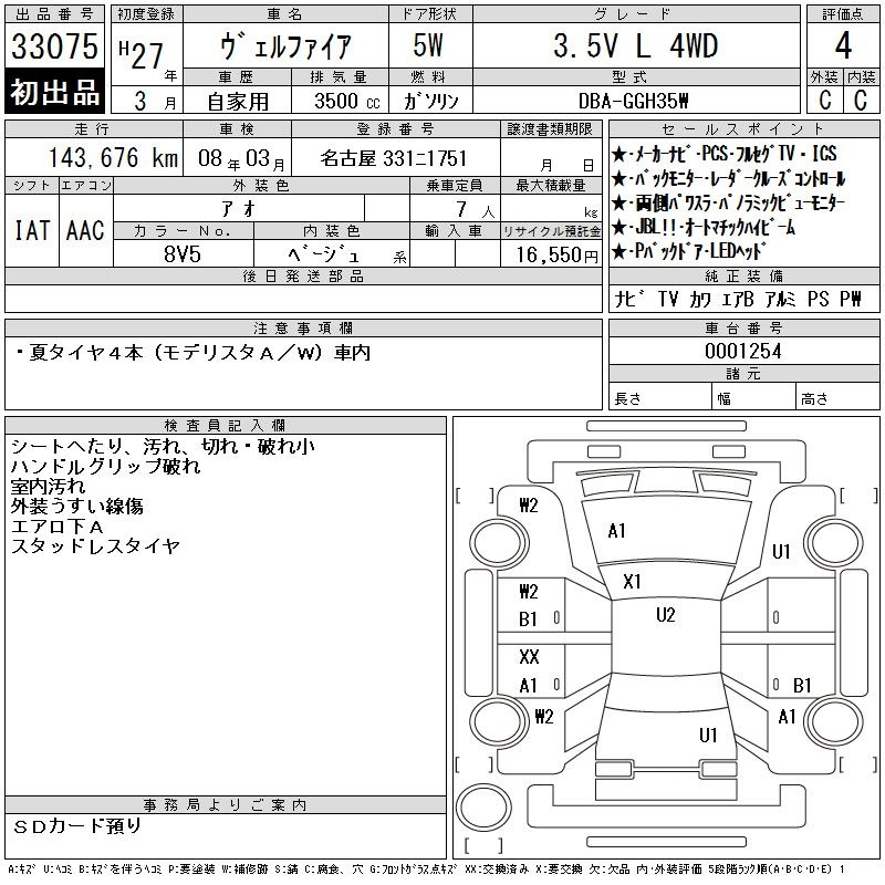 Аукционный лист TOYOTA VELLFIRE 2015