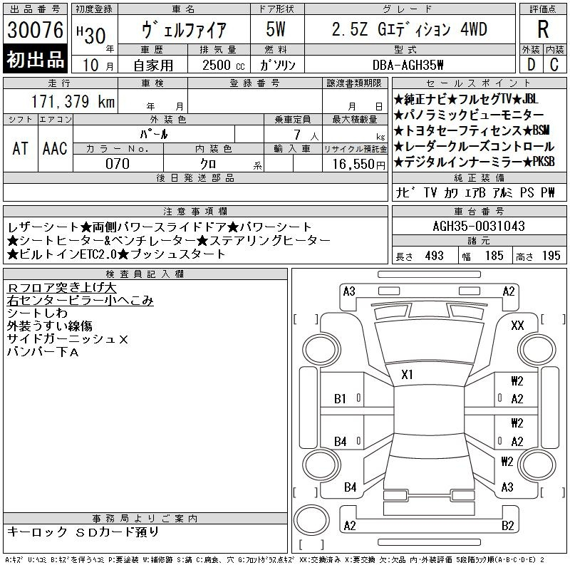 Аукционный лист TOYOTA VELLFIRE 2018