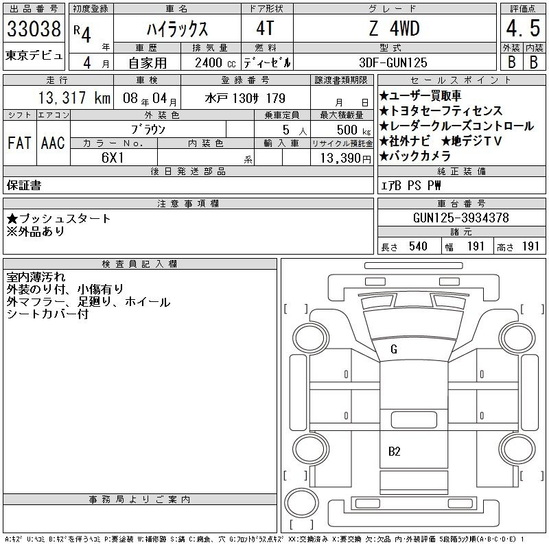 Аукционный лист TOYOTA HILUX 2022
