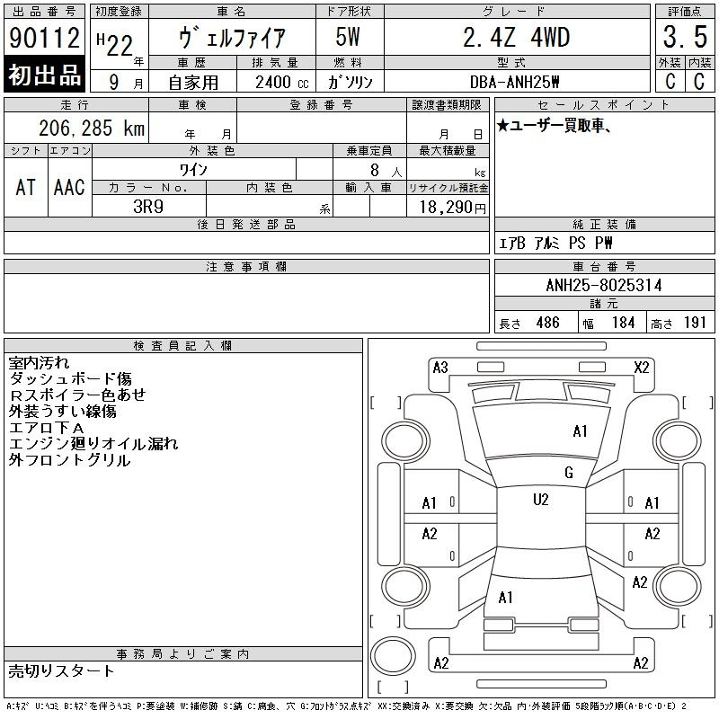 Аукционный лист TOYOTA VELLFIRE 2010