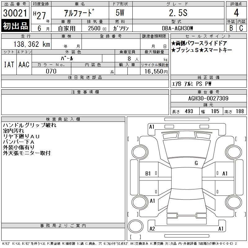 Аукционный лист TOYOTA ALPHARD 2015