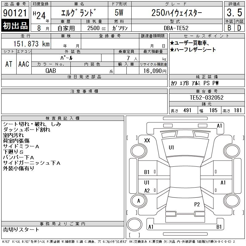 Аукционный лист NISSAN ELGRAND 2012