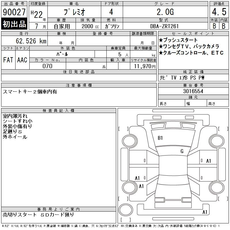 Аукционный лист TOYOTA PREMIO 2010