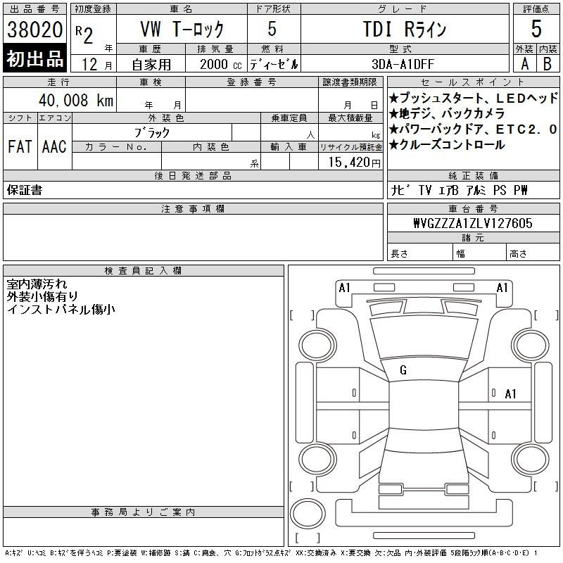 Аукционный лист VOLKSWAGEN T-ROC 2020