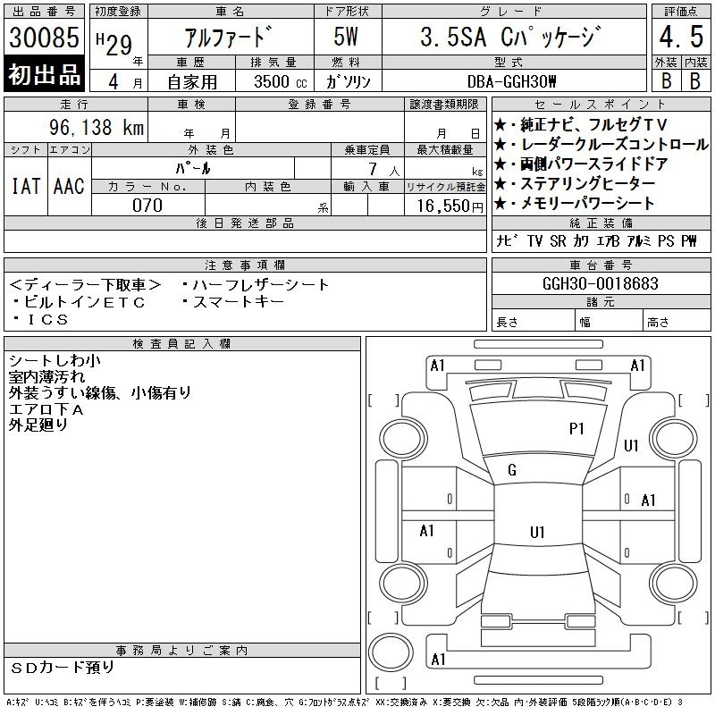 Аукционный лист TOYOTA ALPHARD 2017