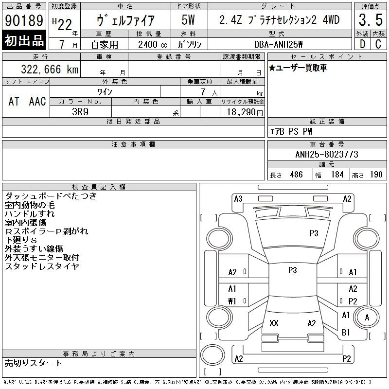 Аукционный лист TOYOTA VELLFIRE 2010