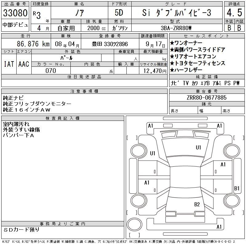 Аукционный лист TOYOTA NOAH 2021