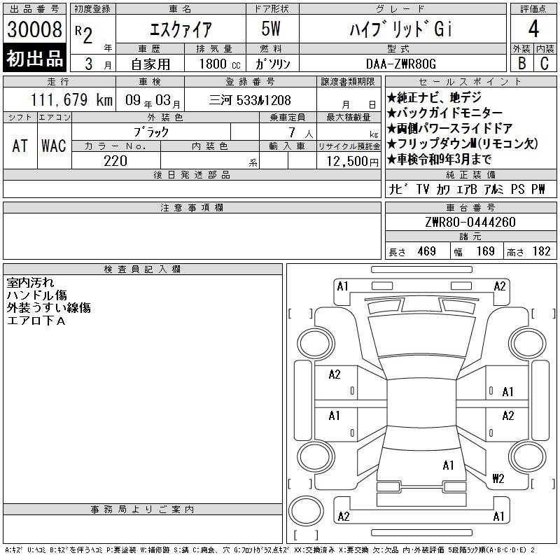 Аукционный лист TOYOTA ESQUIRE 2020