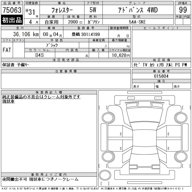 Аукционный лист SUBARU FORESTER 2019