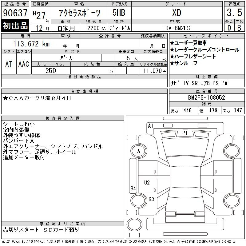 Аукционный лист MAZDA AXELA 2015