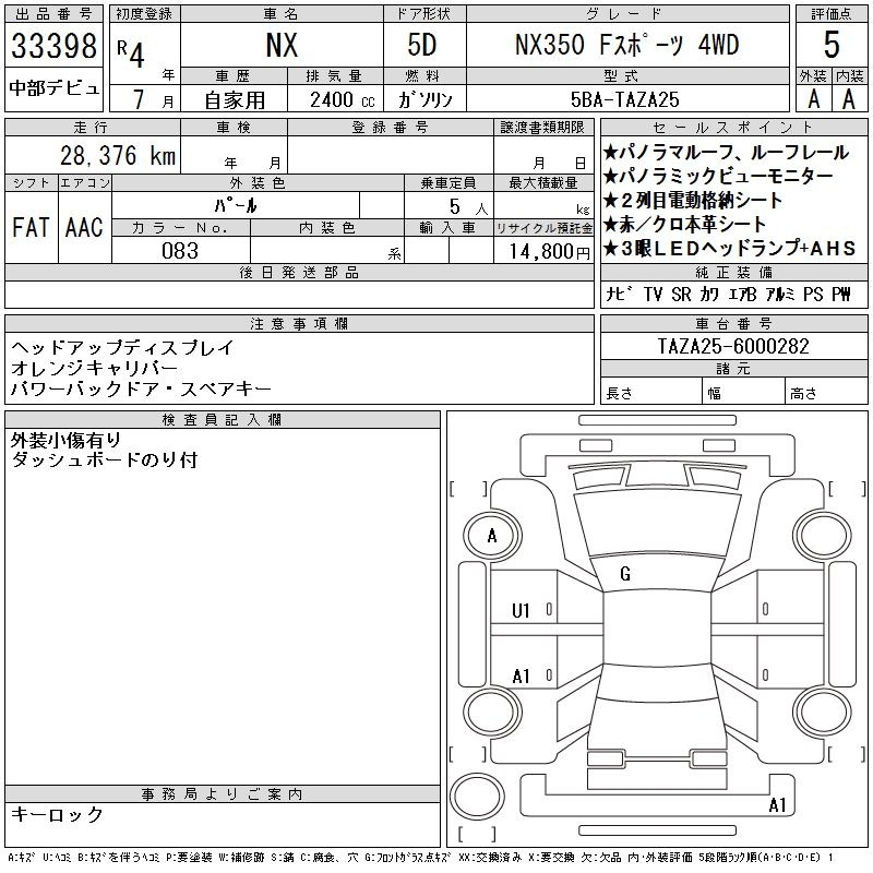 Аукционный лист LEXUS NX 2022