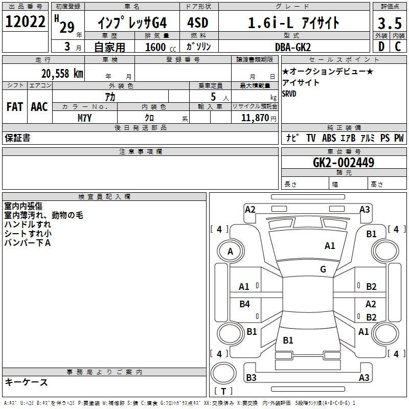 Аукционный лист SUBARU IMPREZA G4 2017