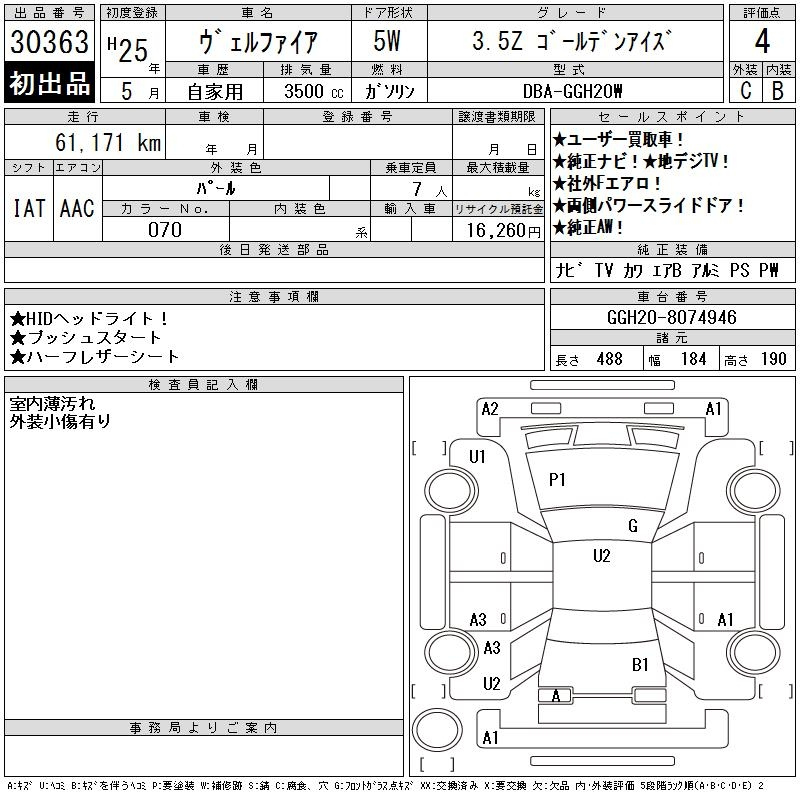 Аукционный лист TOYOTA VELLFIRE 2013