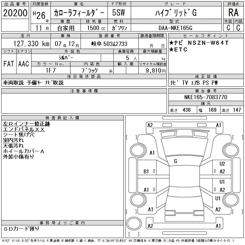 Аукционный лист TOYOTA COROLLA FIELDER 2014