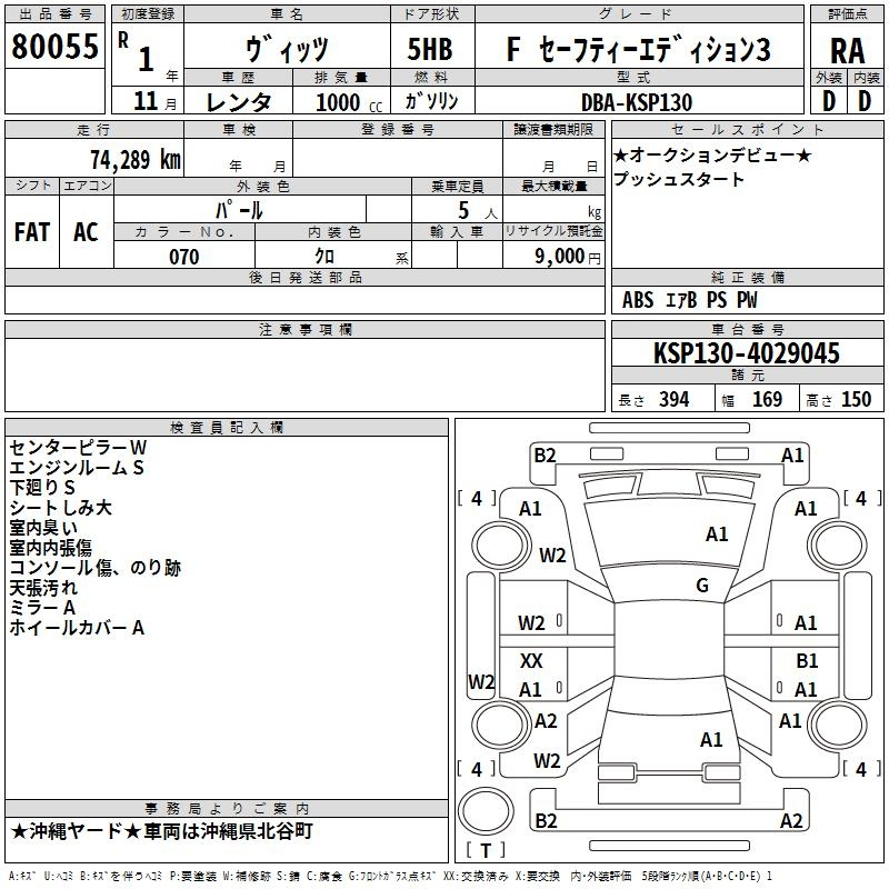 Аукционный лист TOYOTA VITZ 2019