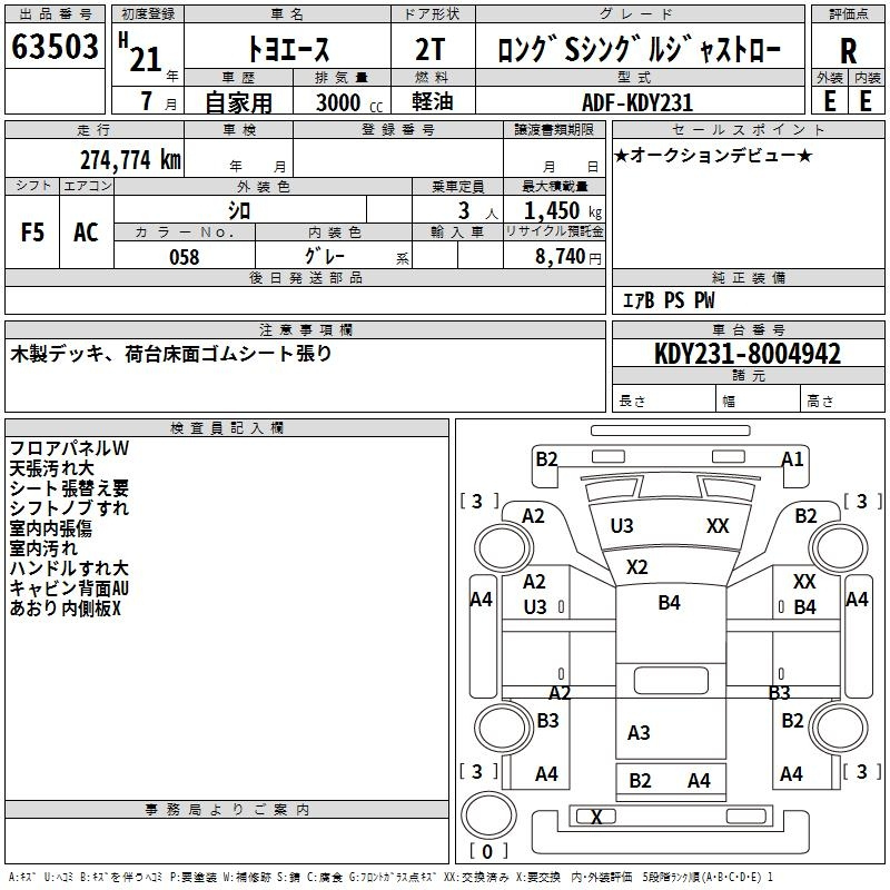 Аукционный лист TOYOTA TOYOACE 2009