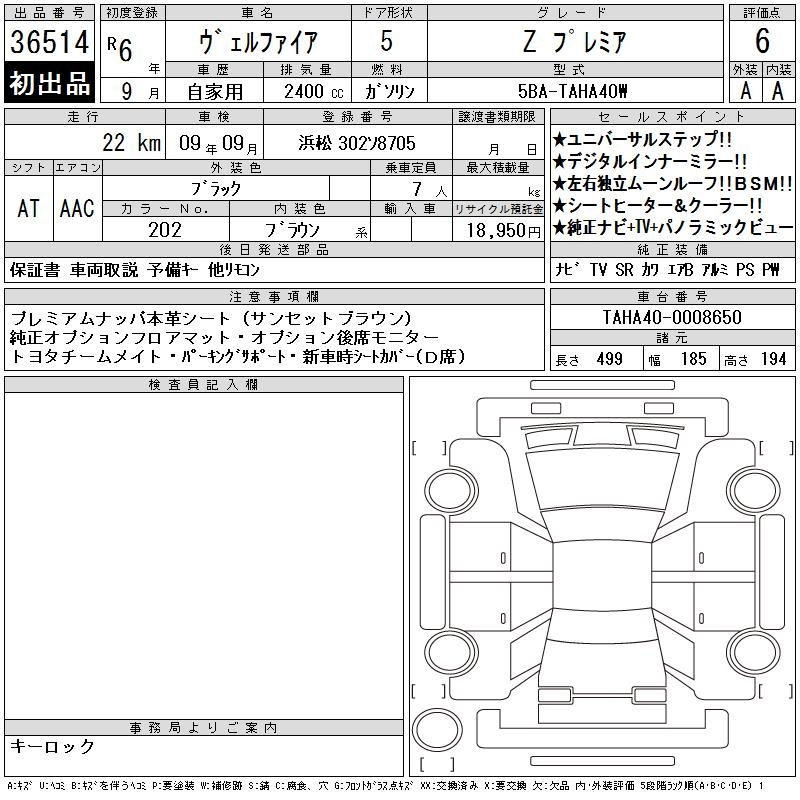 Аукционный лист TOYOTA VELLFIRE 2024