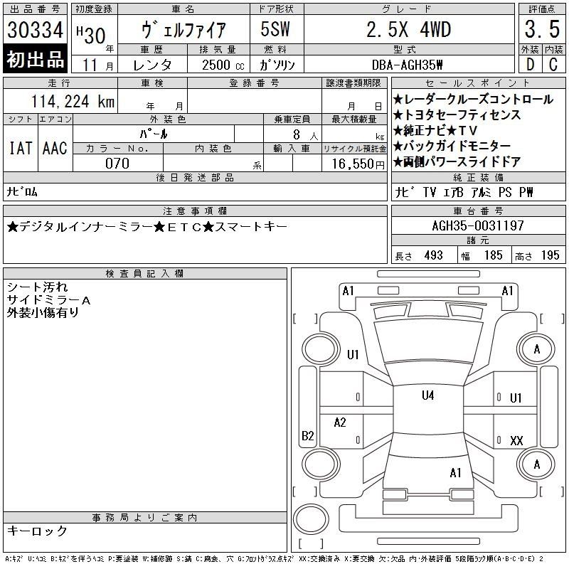 Аукционный лист TOYOTA VELLFIRE 2018