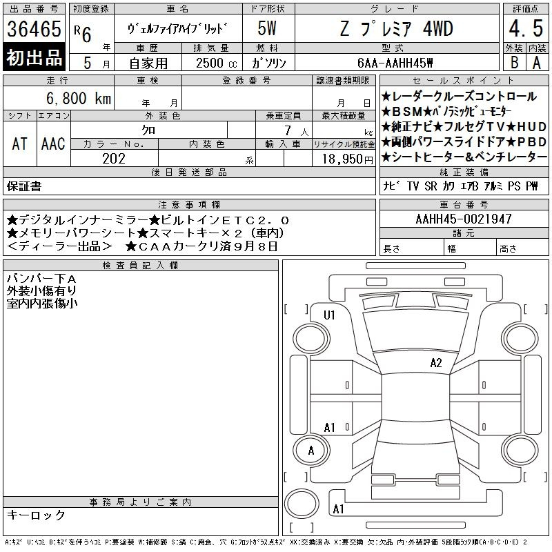 Аукционный лист TOYOTA VELLFIRE 2024