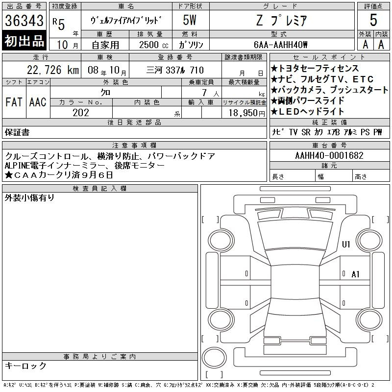 Аукционный лист TOYOTA VELLFIRE 2023