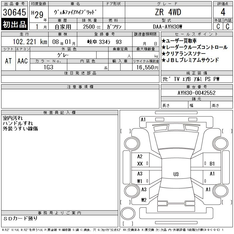 Аукционный лист TOYOTA VELLFIRE 2017