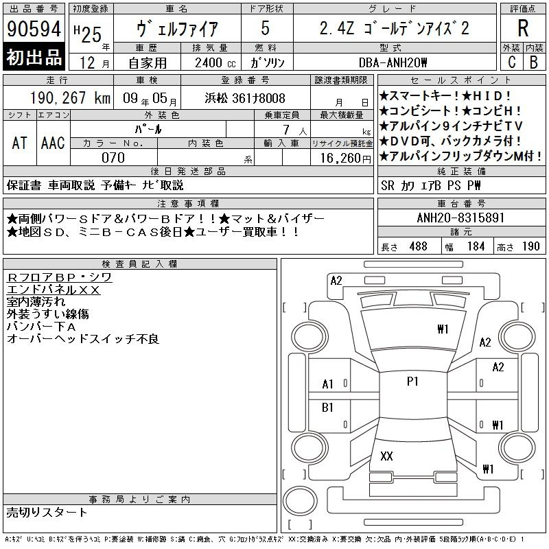 Аукционный лист TOYOTA VELLFIRE 2013