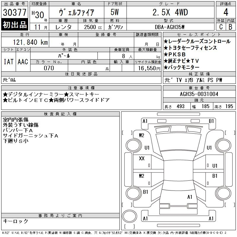 Аукционный лист TOYOTA VELLFIRE 2018