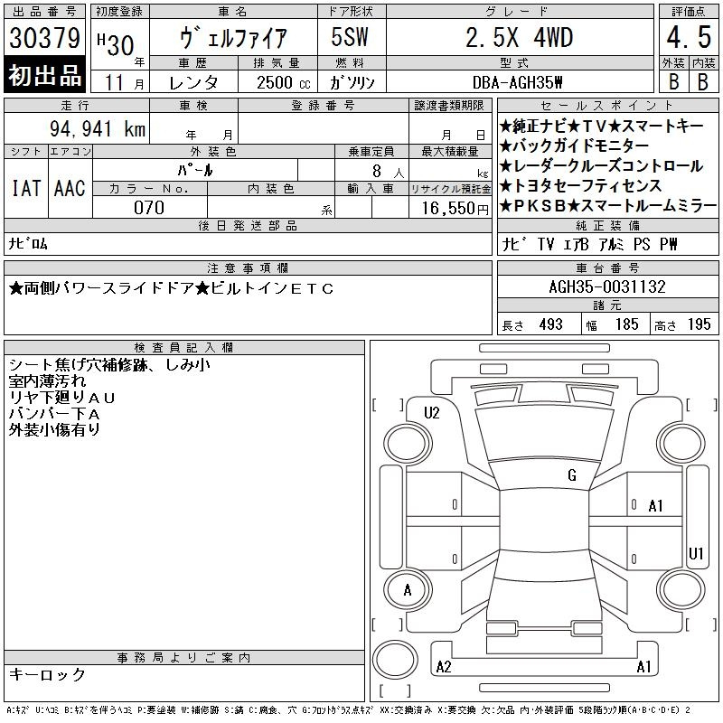Аукционный лист TOYOTA VELLFIRE 2018