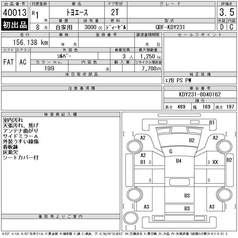Аукционный лист TOYOTA TOYOACE 2019