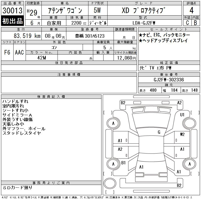 Аукционный лист MAZDA ATENZA WAGON 2017