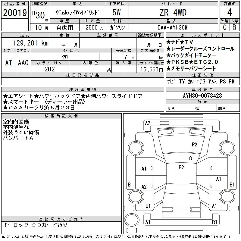 Аукционный лист TOYOTA VELLFIRE 2018