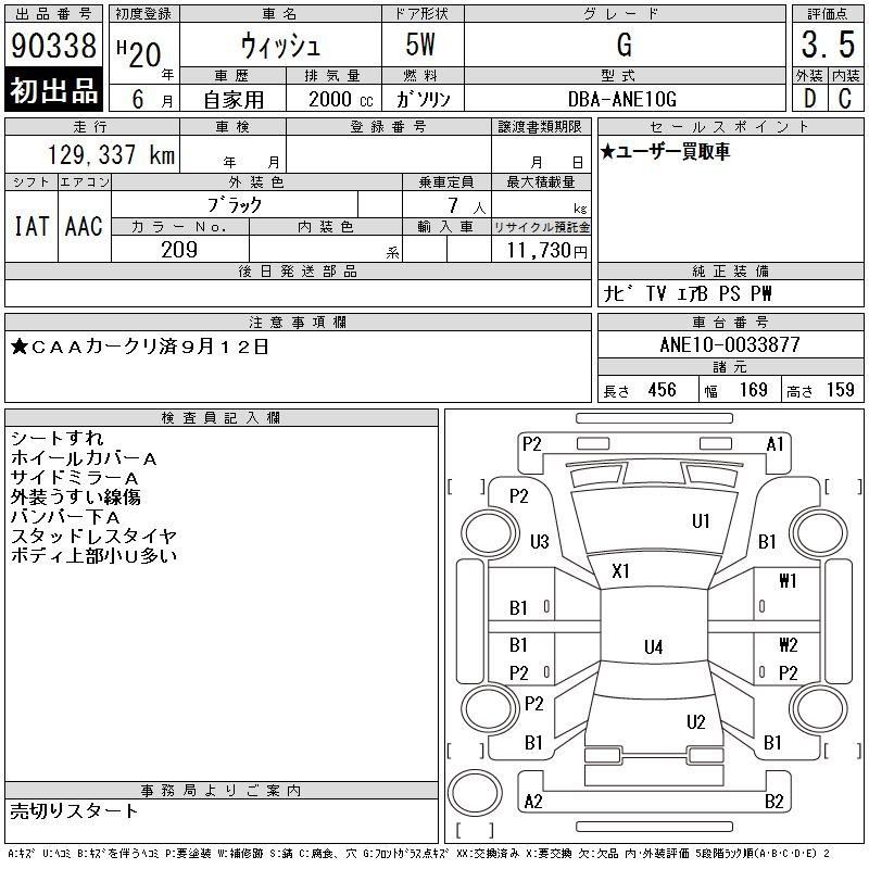 Аукционный лист TOYOTA WISH 2008