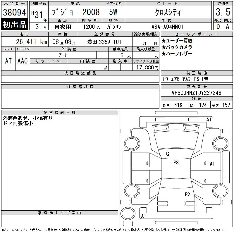 Аукционный лист PEUGEOT 2008 2019