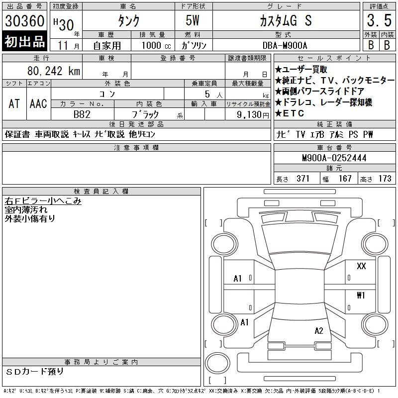 Аукционный лист TOYOTA TANK 2018