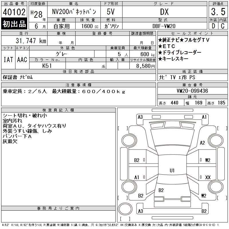 Аукционный лист NISSAN NV200 2016