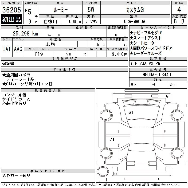 Аукционный лист TOYOTA ROOMY 2023