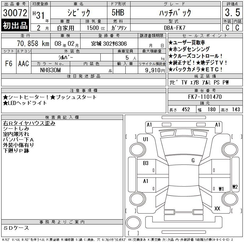 Аукционный лист HONDA CIVIC 2019