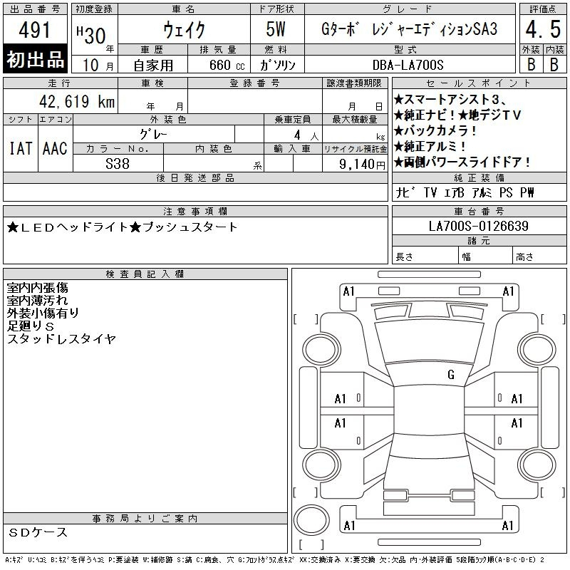 Аукционный лист DAIHATSU WAKE 2018