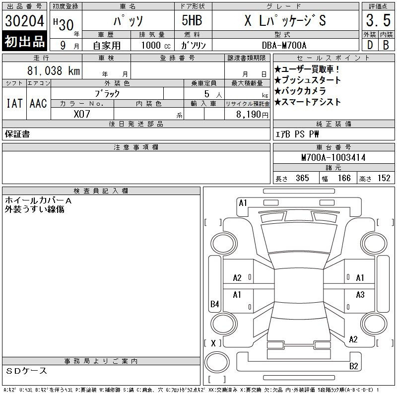 Аукционный лист TOYOTA PASSO 2018